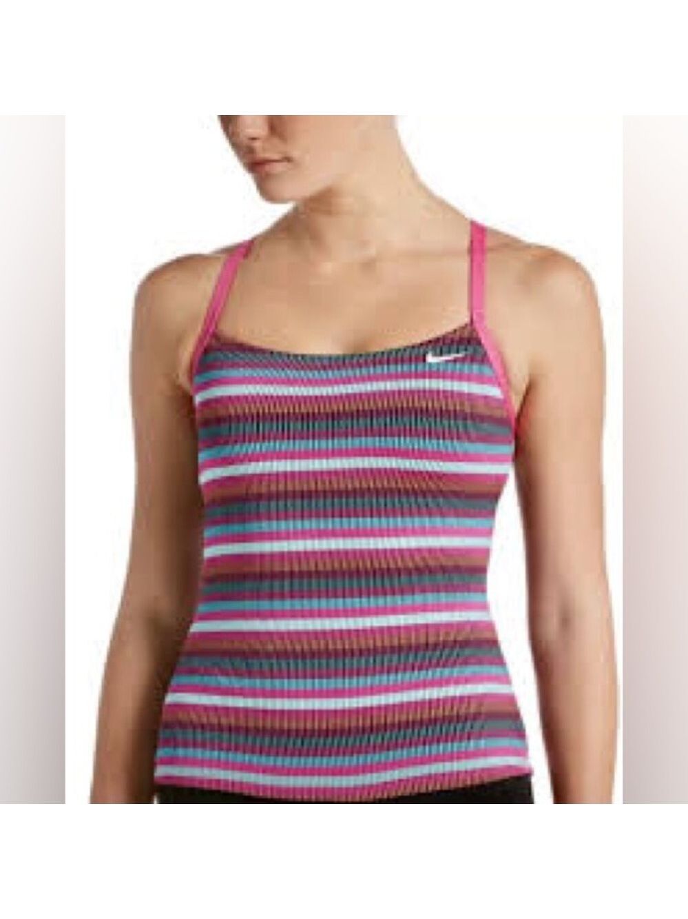 Nike Striped Racerback Ribbed Tankini/Tank  Top in Pink, Teal & Black Sz Large